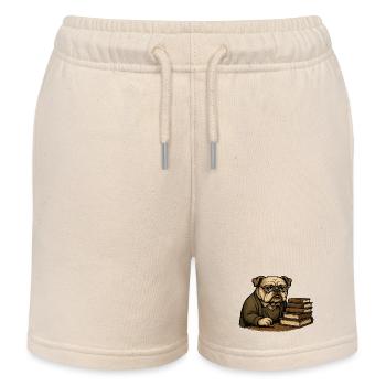 Bulldog Writer with Books Scholarly Cartoon Art - Kids Organic Sweat Shorts by Stanley/Stella - soft Ecru - Front