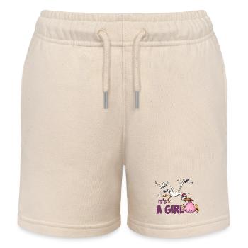 Storch mit Mädchen; "Es ist ein Mädchen" - Kinder Organic Joggingshorts Mini Bolter von Stanley/Stella - Natur - Vorne