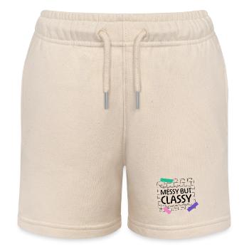 Messy but Classy – Parent Lifestyle Statement - Kids Organic Sweat Shorts by Stanley/Stella - soft Ecru - Front