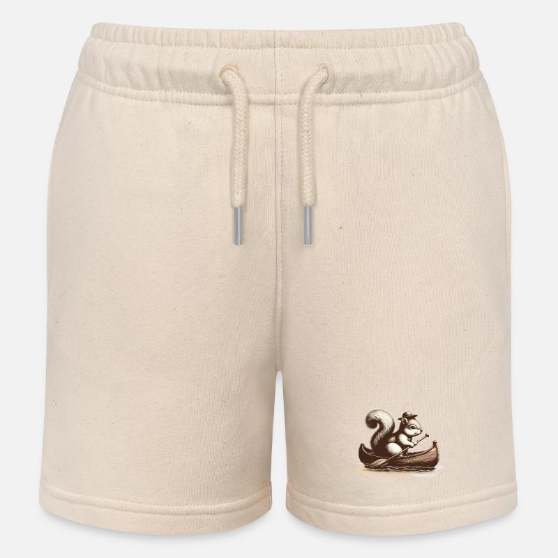 Motif ludique d’un écureuil dans un canoë - Short de jogging enfant bio Stanley/Stella - écru doux