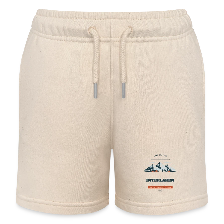 Interlaken badge on a kids organic sweat shorts by stanley/stella, soft Ecru