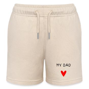 DAD. FATHER'S DAY. HAPPY FATHER'S DAY. HAPPY BIRTHDAY. - Kids Organic Sweat Shorts by Stanley/Stella - soft Ecru - Front