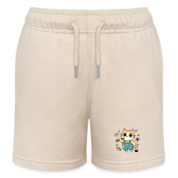 Bunte Sushi-Katze im Overall - Kinder Organic Joggingshorts Mini Bolter von Stanley/Stella - Natur - Vorne
