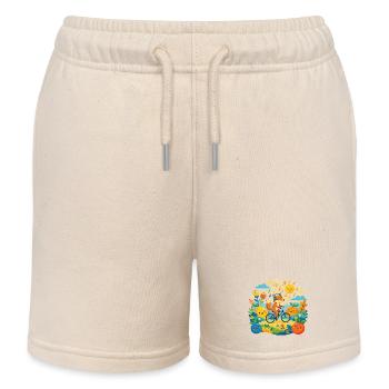 Fox on Bicycle Sunny Orchard for Kids - Kids Organic Sweat Shorts by Stanley/Stella - soft Ecru - Front