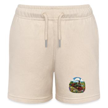 Steam locomotive in a colourful sea of flowers - Kids Organic Sweat Shorts by Stanley/Stella - soft Ecru - Front