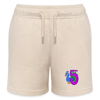 5 years old - 5th birthday - Peacock bird motif - Kids Organic Sweat Shorts by Stanley/Stella - soft Ecru - Front