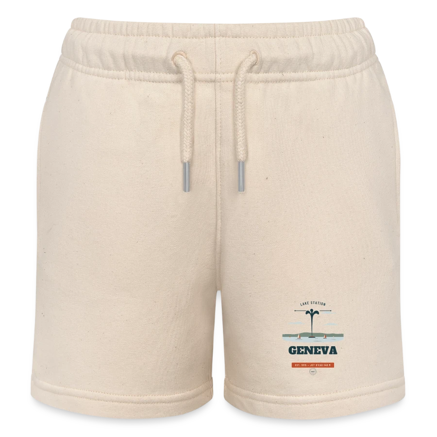 Geneva badge on a kids organic sweat shorts by stanley/stella, soft Ecru