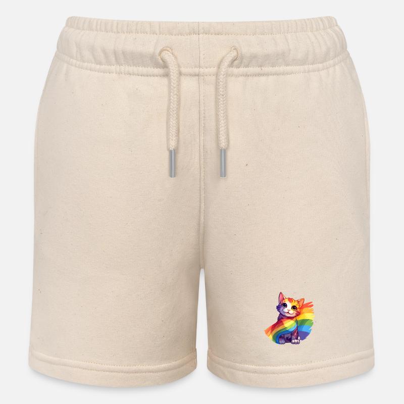 Pride Cat - Chat arc-en-ciel coloré avec drapeau - Short de jogging enfant bio Stanley/Stella - écru doux