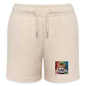 Cat with fish - Kids Organic Sweat Shorts by Stanley/Stella - soft Ecru - Front
