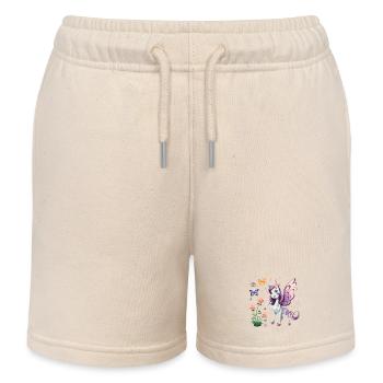 Lila Einhorn mit Schmetterlingen - Kinder Organic Joggingshorts Mini Bolter von Stanley/Stella - Natur - Vorne