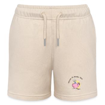 Pink Chicken Cartoon on Branch Dialect Chickens Saying - Kids Organic Sweat Shorts by Stanley/Stella - soft Ecru - Front