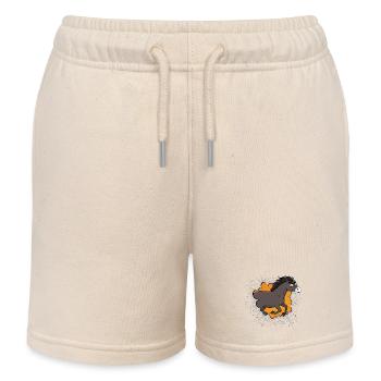 A cartoon caricature of a galloping Abaga horse - Kids Organic Sweat Shorts by Stanley/Stella - soft Ecru - Front