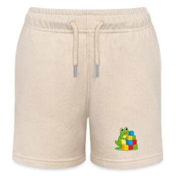 Green cartoon frog playing with colorful building blocks - Kids Organic Sweat Shorts by Stanley/Stella - soft Ecru - Front