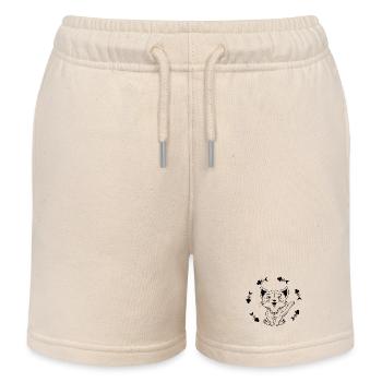 Happy Waving Cat with Fish Bones - Kids Organic Sweat Shorts by Stanley/Stella - soft Ecru - Front