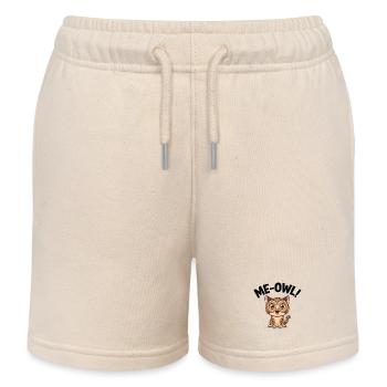 Me‑Owl – Cat Wearing Owl Mask Pun Cartoon - Kids Organic Sweat Shorts by Stanley/Stella - soft Ecru - Front