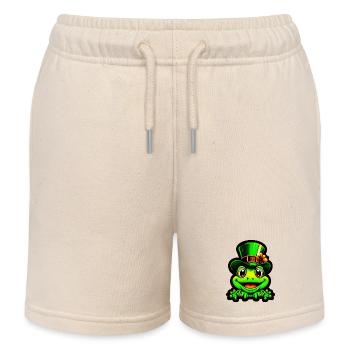 Grinning frog wears St. Patrick Day top hat - Kids Organic Sweat Shorts by Stanley/Stella - soft Ecru - Front
