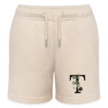 Green Botanical Letter T - Kids Organic Sweat Shorts by Stanley/Stella - soft Ecru - Front