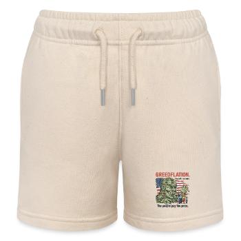 Greedy Greedflation Cartoon Design - Kids Organic Sweat Shorts by Stanley/Stella - soft Ecru - Front