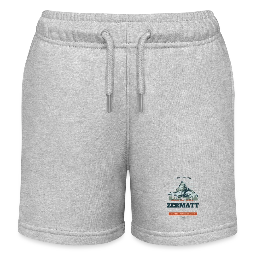 Zermatt badge on a kids organic sweat shorts by stanley/stella, heather grey