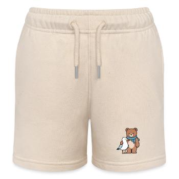 Cute Bear and Bird Design - Kids Organic Sweat Shorts by Stanley/Stella - soft Ecru - Front
