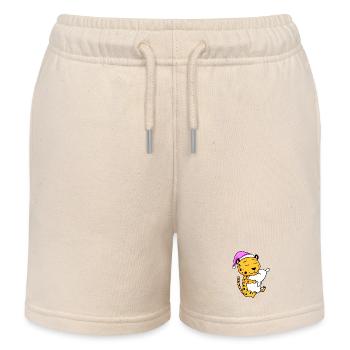 Cheetah with pillow and sleeping cap - Kids Organic Sweat Shorts by Stanley/Stella - soft Ecru - Front