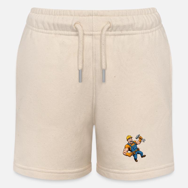 Cheerful cartoon construction worker with tools - Kids Organic Sweat Shorts by Stanley/Stella - soft Ecru