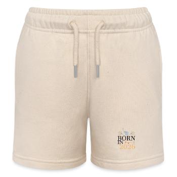 Born in 2026 Baby Elephant Soon Mom Gift - Kids Organic Sweat Shorts by Stanley/Stella - soft Ecru - Front