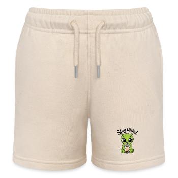Cute Green Alien Bubble Tea Stay Weird Sticker - Kids Organic Sweat Shorts by Stanley/Stella - soft Ecru - Front