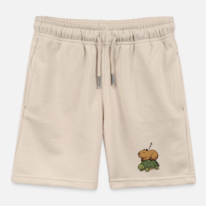 Slumbering capybara on a turtle Kids Organic Sweat Shorts by Stanley/Stella