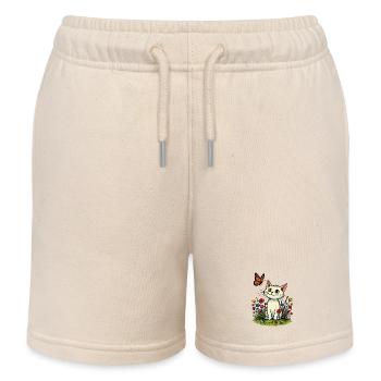 White cat with butterfly on flower meadow - Kids Organic Sweat Shorts by Stanley/Stella - soft Ecru - Front