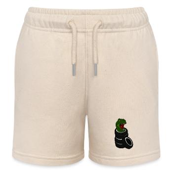 Tyrannosaurus Rex in Car Tire T Rex Dino Environment - Kids Organic Sweat Shorts by Stanley/Stella - soft Ecru - Front