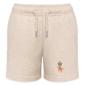 Three carrots in a bunch with blank banner - Kids Organic Sweat Shorts by Stanley/Stella - soft Ecru - Front