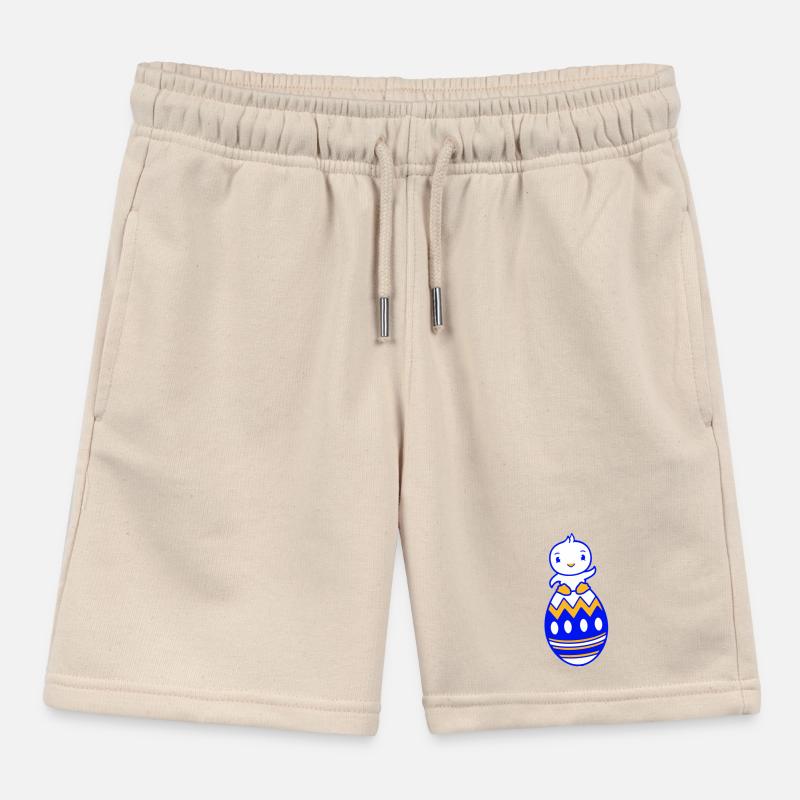 Chick sitting on huge Easter egg waving Easter sweet Kids Organic Sweat Shorts by Stanley/Stella