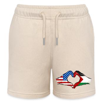 USA Palestine Flag Hands Heart Shape Used - Kids Organic Sweat Shorts by Stanley/Stella - soft Ecru - Front