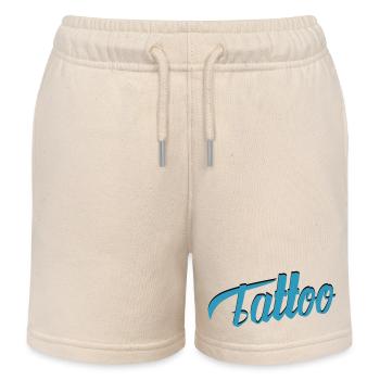 Tattoo Script in Teal - Kids Organic Sweat Shorts by Stanley/Stella - soft Ecru - Front