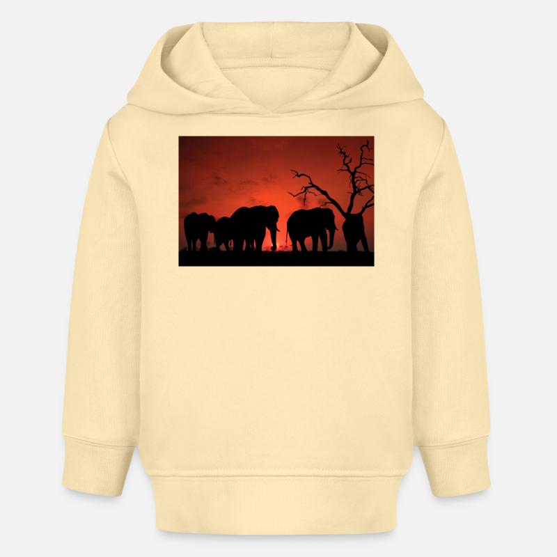 Silhouette d’éléphants au coucher du soleil - Sweat à capuche bébé bio Stanley/Stella - crème