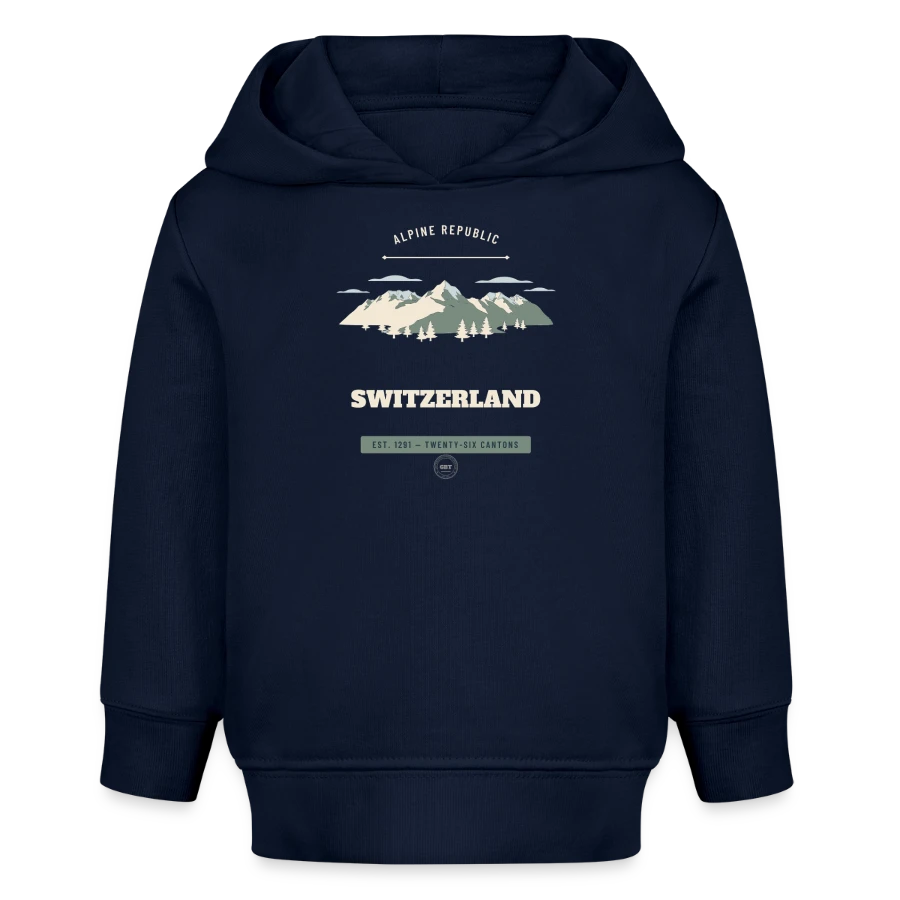 Switzerland badge on a baby organic hoodie by stanley/stella, navy