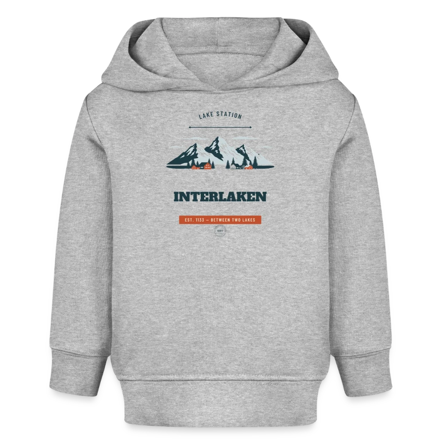 Interlaken badge on a baby organic hoodie by stanley/stella, heather grey