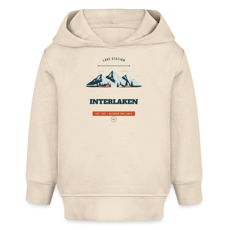 Interlaken badge on a baby organic hoodie by stanley/stella, soft Ecru