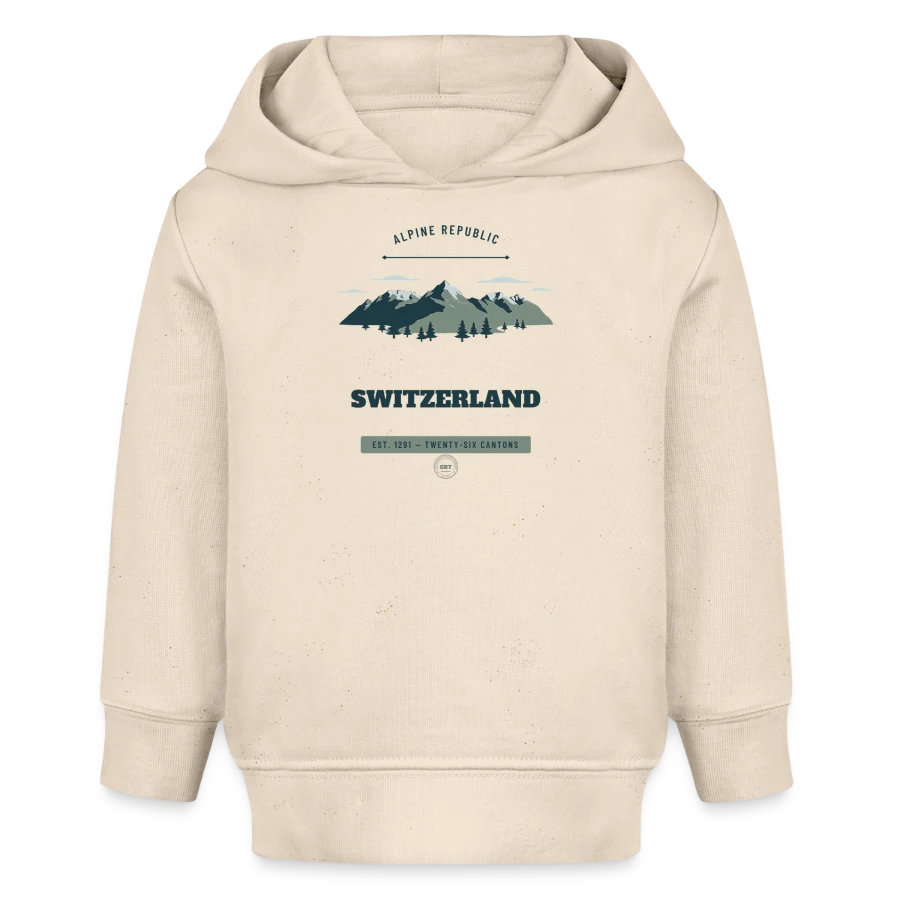 Switzerland badge on a baby organic hoodie by stanley/stella, soft Ecru