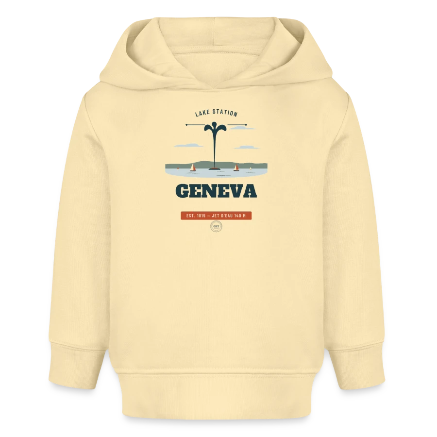 Geneva badge on a baby organic hoodie by stanley/stella, cream