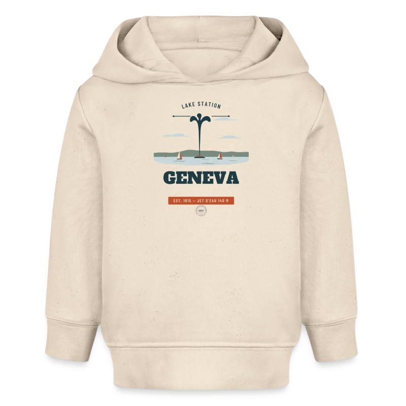 Geneva badge on a baby organic hoodie by stanley/stella
