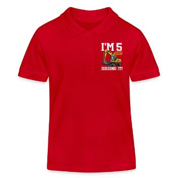 5 ans et conception d’anniversaire d’excavatrice Digs - Polo enfant bio Stanley/Stella - rouge - Devant