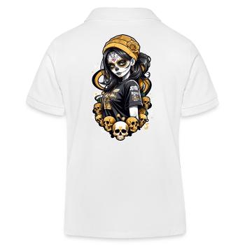 Sugar Skull Girl with Yellow Hat and Skulls - Kids Organic Polo Shirt by Stanley/Stella - white - Back