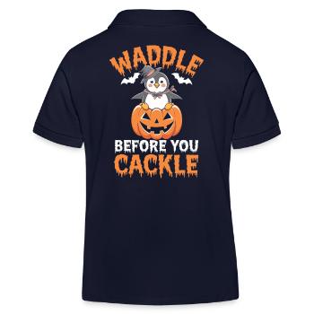 Waddle Before You Cackle Penguin Halloween - Kids Organic Polo Shirt by Stanley/Stella - navy - Back