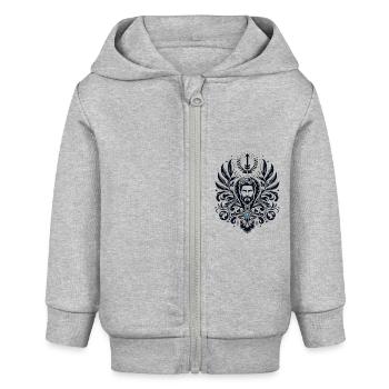 Schwarz-weißes Schilddesign mit blauem Edelstein - Baby Organic Kapuzenjacke Baby Connector von Stanley/Stella - Grau meliert - Vorne