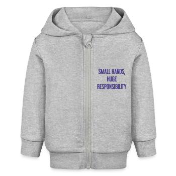 De petites mains, une énorme responsabilité disent les parents - Veste à capuche bébé bio Stanley/Stella - gris chiné - Devant