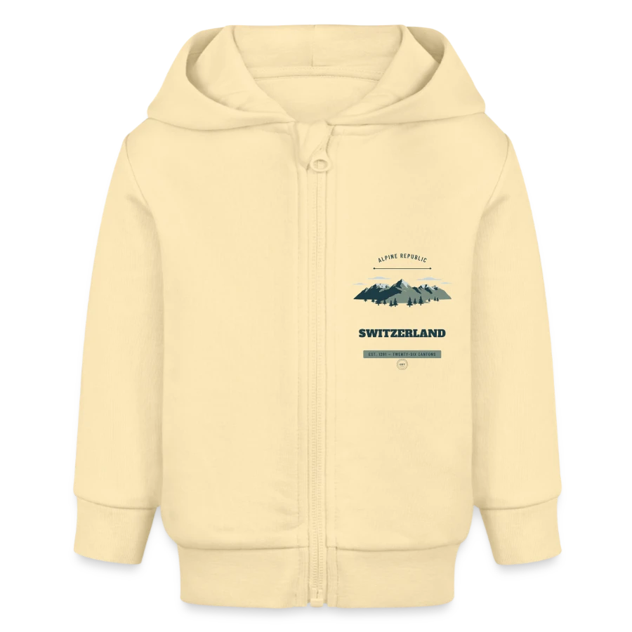 Switzerland badge on a baby organic zip-up hoodie by stanley/stella, cream