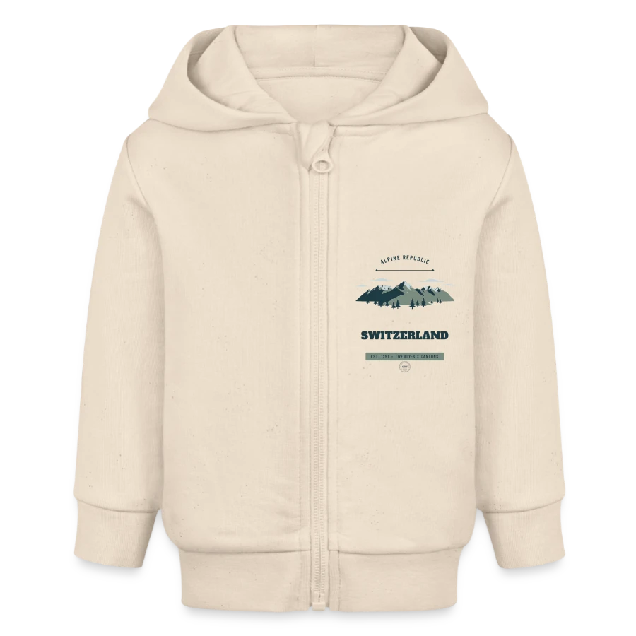 Switzerland badge on a baby organic zip-up hoodie by stanley/stella, soft Ecru