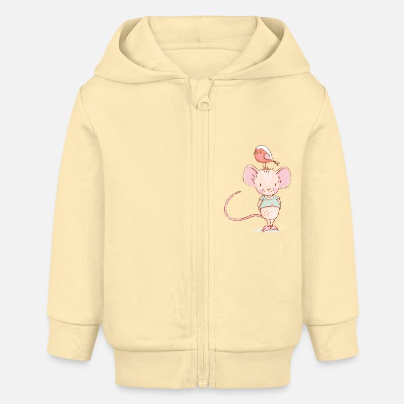 Souris avec oiseau - Veste à capuche bébé bio Stanley/Stella - crème